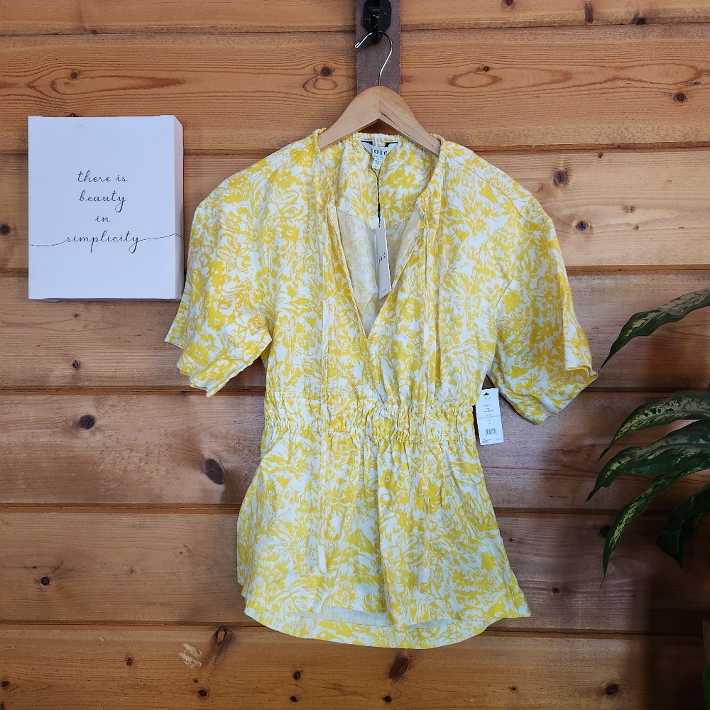 Joie NWT Renae B Yellow Floral Linen Shirt Peekaboo Cutout Back Stretch Top Sz S - Picture 3 of 13